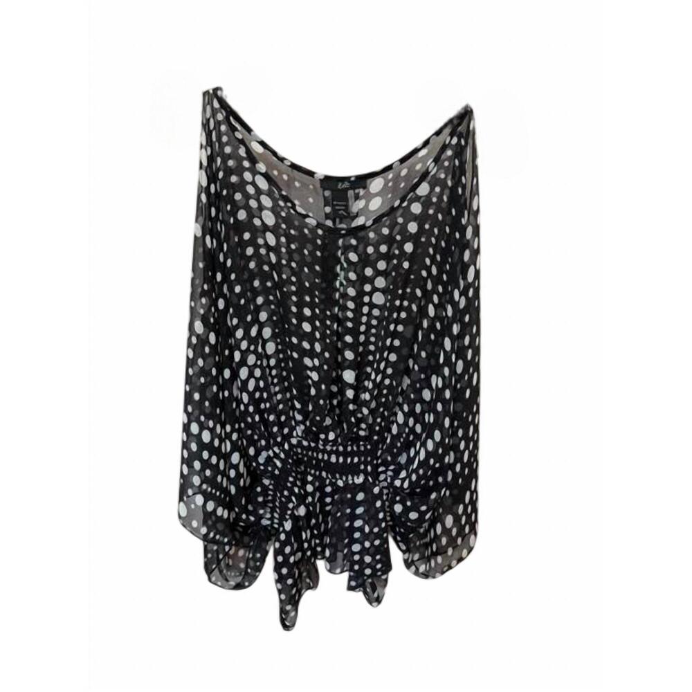 NEW RAIN + ROSE women sheer polka dot flutter sleeve blouse in black/white